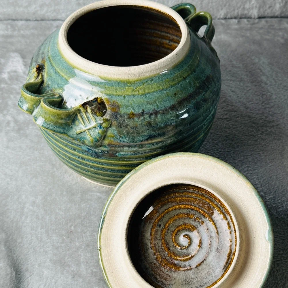 Studio Pottery Lidded Canister Green Brown Glaze Rustic Stoneware Crock Tureen